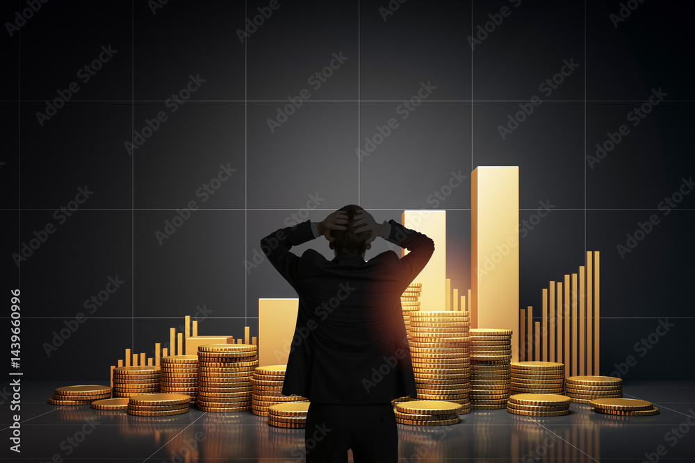 Poster businessman from rear view standing before golden coin stacks and graph bars on dark background, sym