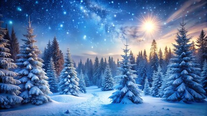 Fototapeta premium Enchanted Winter Forest at Dawn, Sunlit Snow-Covered Trees Under a Starry Sky, Peaceful Serene Scene