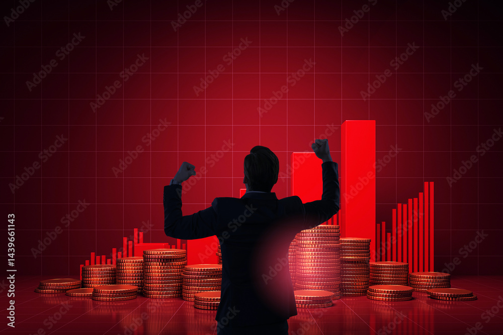 Poster businessman celebrating financial success with raised fists in front of stacked coins and bar chart 
