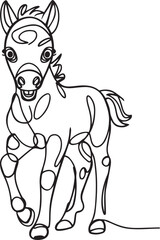 A cute minimalist black linear continuous line drawing of a standing horse foal isolated on a white background drawn in a vector art style capturing innocence and simplicity