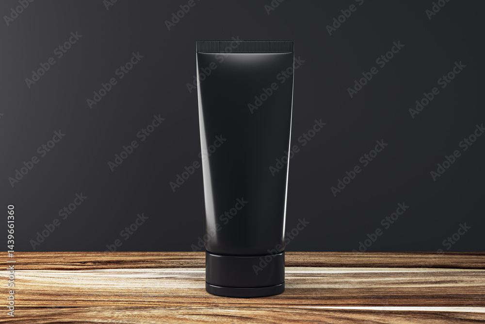 Aufkleber Black cosmetic tube mockup on wooden surface with dark background for branding and product presentation design concept. 3D Rendering. 3D Rendering