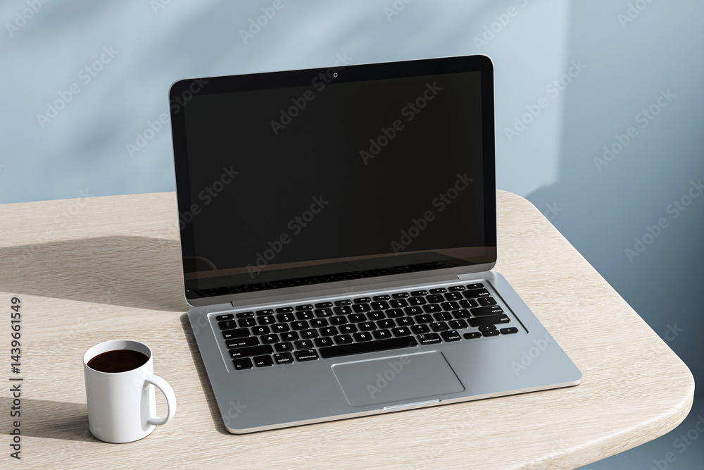 Poster modern laptop and coffee cup on wooden desk in sunlight with soft shadows on blue background, simple