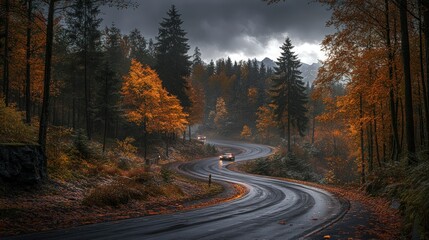 Obraz premium Autumns Winding Path Road through Colorful Forest