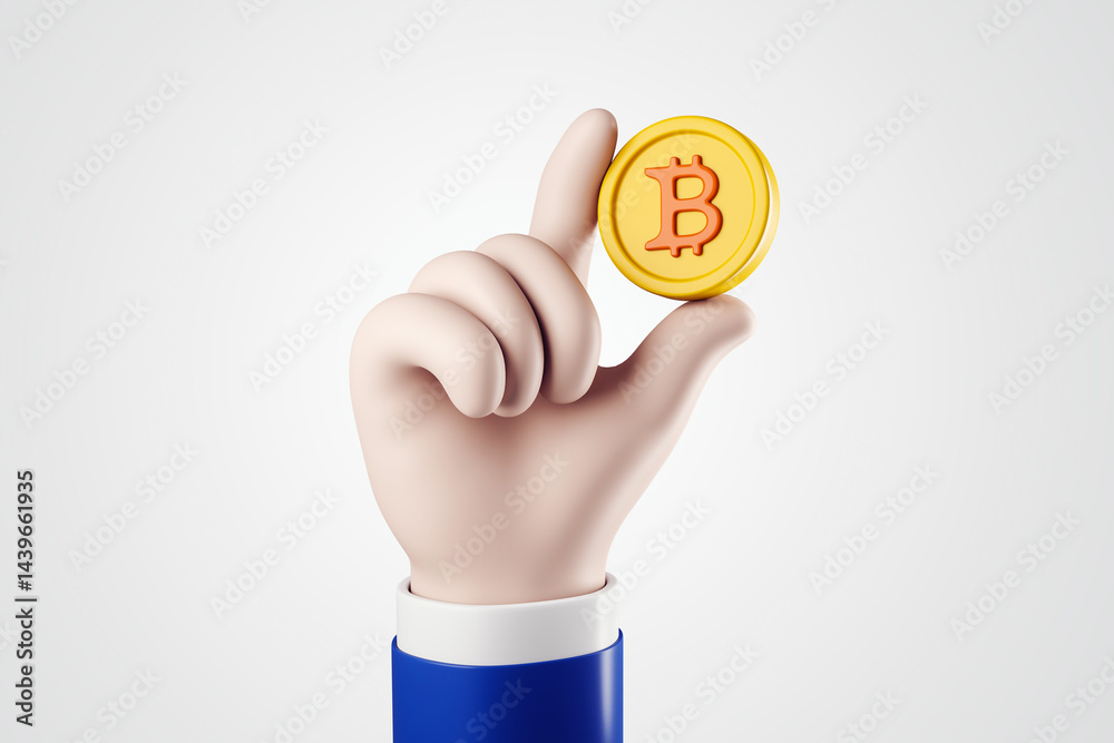 Poster 3d cartoon hand holding a bitcoin coin symbol isolated on light background, business and cryptocurre