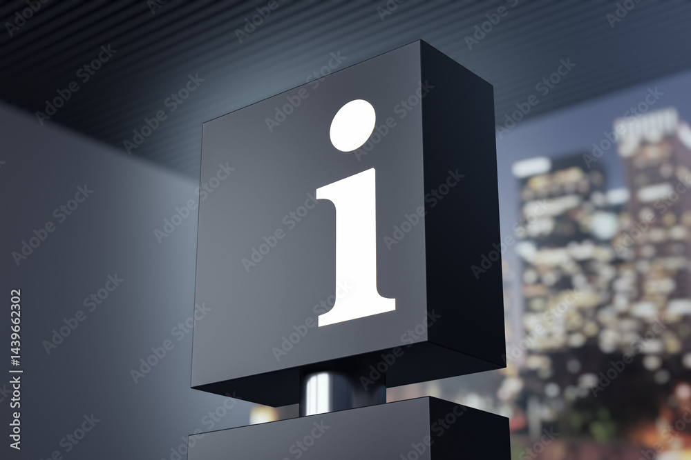 Aufkleber closeup of glowing information icon signage on black box structure indoors with blurred city skyline