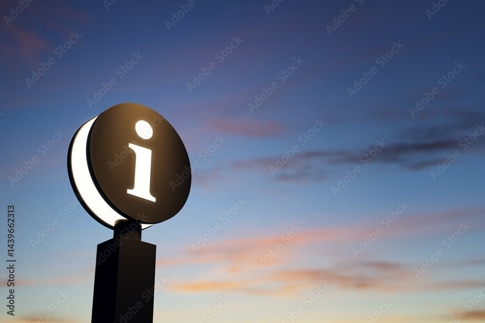 Aufkleber Illuminated information icon signage glowing at dusk with abstract sky background in soft lighting and minimalist design concept. 3D Rendering