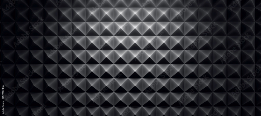 Poster Dark geometric pyramid pattern background with illuminated center gradient, modern abstract 3D texture for creative design, branding or template use. 3D Rendering