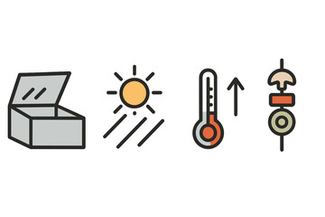 Representations of solar cooking highlight the device, heat, measurement, and end result