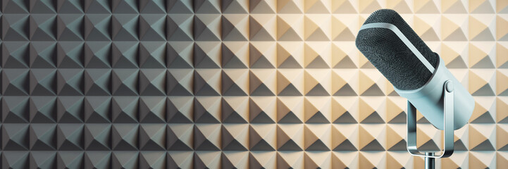 Modern microphone on stand with acoustic foam background, clean and minimalistic studio setting,...