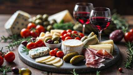 A vibrant and appetizing charcuterie board with cheese, tomatoes, olives, and red wine in glasses.