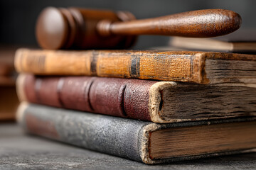 Close-up shot of a stack of books on a desk, with a gavel on top, minimalist style.

