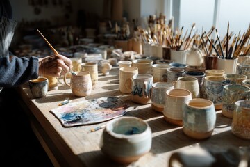 Older adult painting ceramic mugs in studio filled with painting brushes and light, creating artisan pottery in daylight.