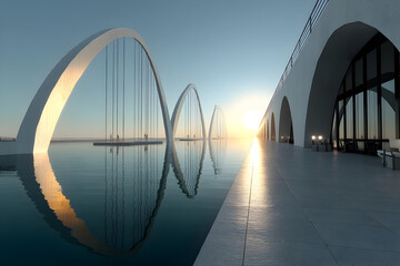 Obraz premium 3D render of a futuristic bridge crossing a river in a high-tech city, minimalist style.