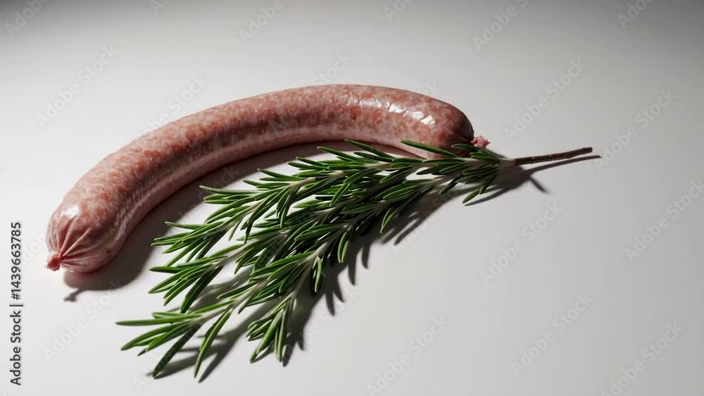 Poster fresh sausage lies gracefully on a pristine white background, adorned with a vibrant sprig of rosema