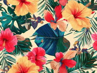 Vibrant Hibiscus and Tropical Leaves: A Seamless Floral Pattern