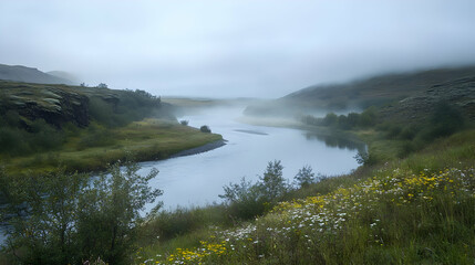 Fototapeta premium Misty River Landscape: Serene Nature Photography