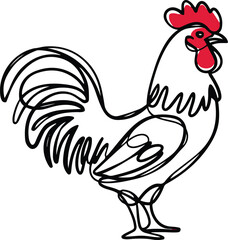 minimalistic continuous line art of a rooster with a red comb and wattles black linear sketch style elegant farm animal artwork isolated on a bright clean white background