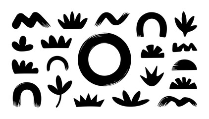 Soft Abstract Landscape Symbols. A soft black silhouette of abstract landscape elements including sun, waves, hills, and rainbows, created in a minimalist boho style.