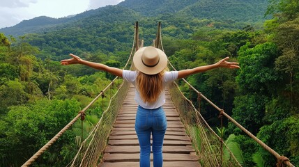 Woman in Hat Standing on Bridge with Outstretched Arms Overlooking Lush Green Forest and Mountains Under Bright Sky