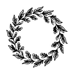 A romantic floral wreath featuring delicate hand-drawn flowers and curved branches forming a graceful circular frame.