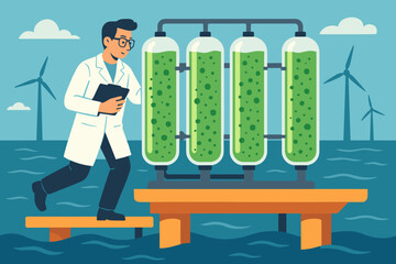 A flat blue-tech scene that combines green cylinders, ocean horizon, and lab equipment