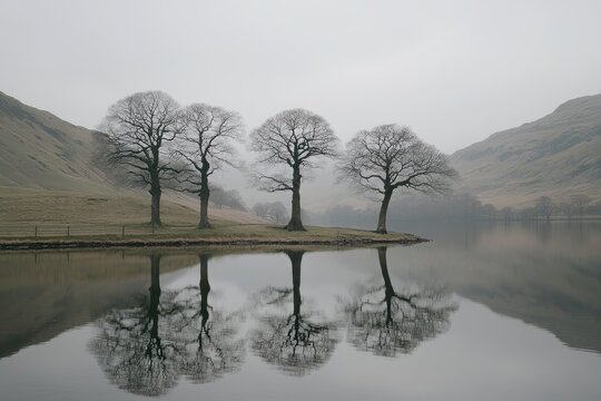 Misty Lake Reflections, Bare Trees