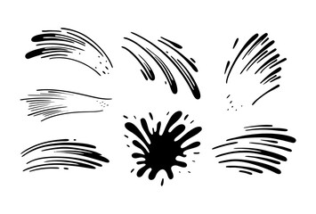 Obraz premium Collection of hand drawn black ink splash elements and dynamic line illustrations set silhouette