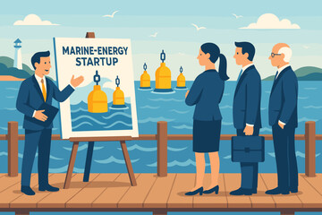 The scene depicted is a flat blue economy setting featuring a model buoy, various charts, and an ocean backdrop