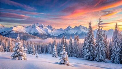 Serene Winter Mountain Panorama at Sunrise, Snow-Covered Coniferous Forest and Majestic Peaks Under a Vibrant Sky