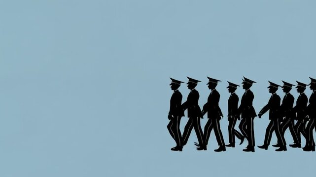 Black silhouettes of soldiers, isolated on a light blue background, are marching from left to right, with their number gradually increasing in each frame