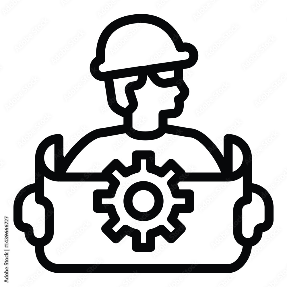 Poster engineer man with project and cogwheel line icon, neural dataset concept. vector graphics. developer