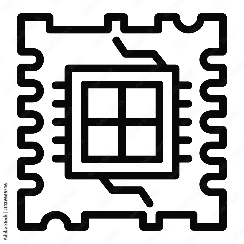 Poster quad core processor chip line icon, neural dataset concept. vector graphics. processor with four cor