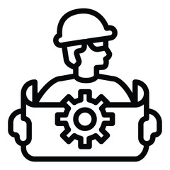 Engineer man with project and cogwheel line icon, neural dataset concept. Vector graphics. Developer, developing sign on white background, style for mobile or design.