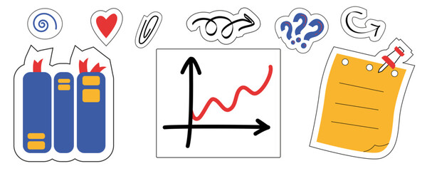 Vector set of office supplies concept isolated elements set. School and education doodles hand drawn vector symbols and objects.