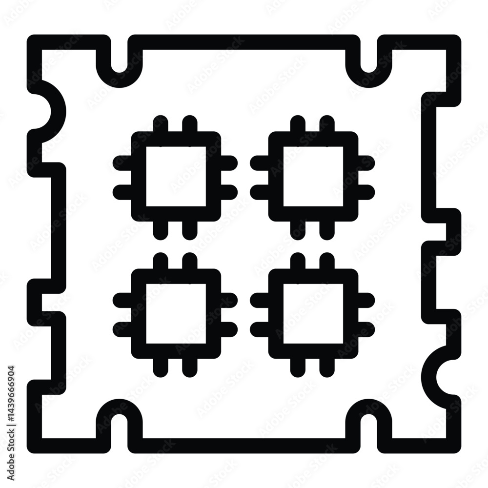 Poster processor with four cores and threads line icon, neural dataset concept. vector graphics. microchip 