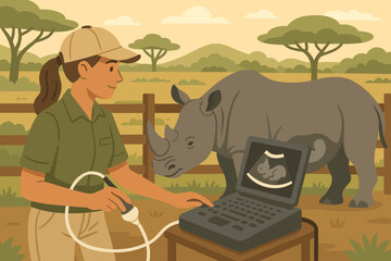 The scene depicts a flat conservation-medicine setting with a portable scanner, a rhino, and its caretakers