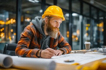 Bearded worker in hardhat studies blueprints, utilizing pencil at desk under dim light from building exterior in evening