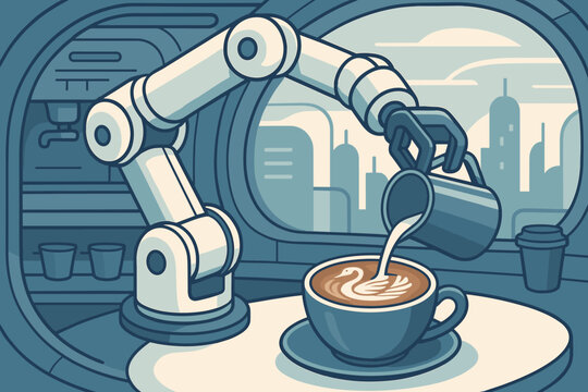 The coffee-tech scene is characterized by a flat layout that incorporates a robotic arm, cups, and sleek pod seating