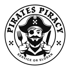 Cartoon pirate portrait logo. Funny character with knife and fork. Vector mascot design element.
