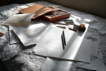 Watercolor Paintbox, Ink, and Sketches on a Bed Covered with Soft Blanket in a Well-Lit Interior for Art Projects