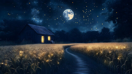 Enchanted Night: A Full Moon over a Wheat Field