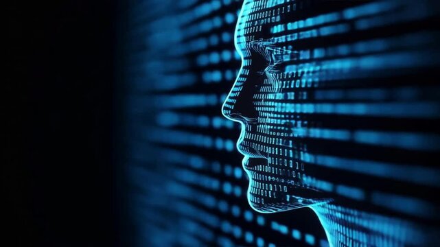 A digital representation of a human face with binary code illustrating artificial intelligence concepts.