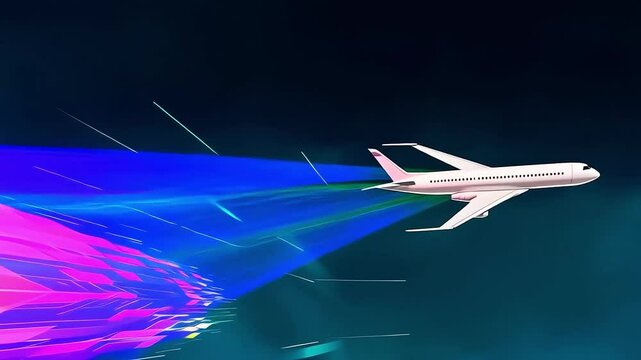 Airplane flies leaving vibrant geometric color trail at high speed illustration