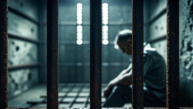 A man sits alone, imprisoned behind rusty bars in a dim-lit, isolated prison cell.