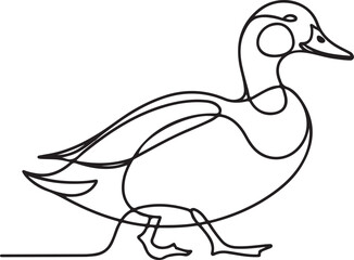 A minimalist abstract vector illustration of a duck in continuous line art drawing style walking with its path in black and a white background