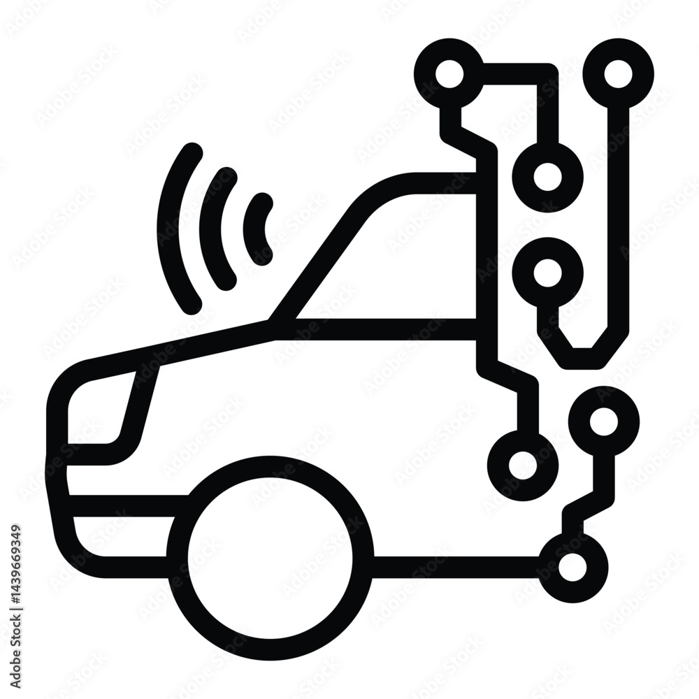 Poster car with wireless sensor circuit line icon, neural network concept. vector graphics. automobile with