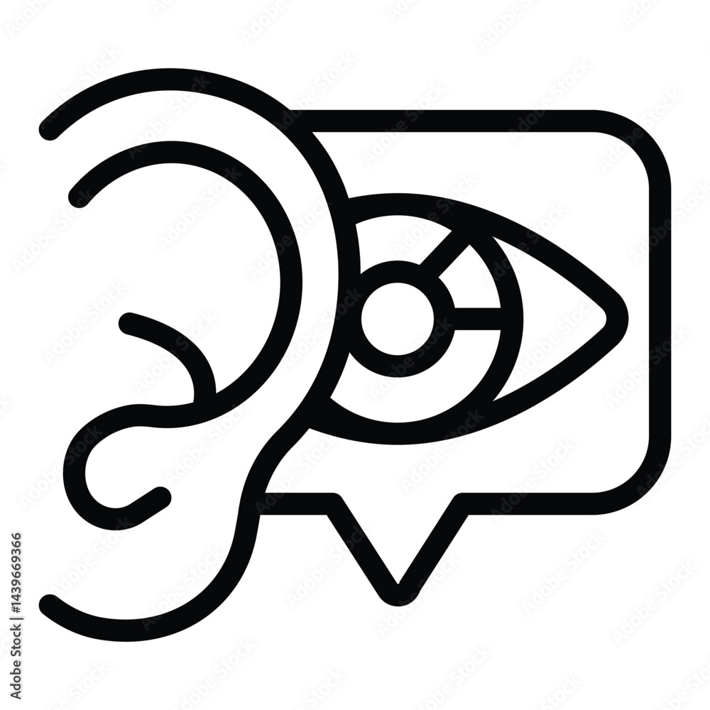 Poster ear and bubble with eye line icon, neural network concept. vector graphics. sound recognition, data 