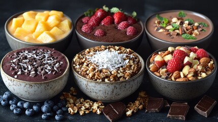 Fototapeta premium Bowls of different types of desserts and fruit on a table nutrient-rich smoothie bowls food background