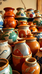 bunch of vases that are sitting on a table