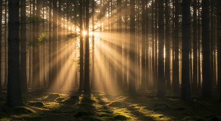 Fototapeta premium Sunbeams Streaming Through Dense Forest Trees at Sunrise